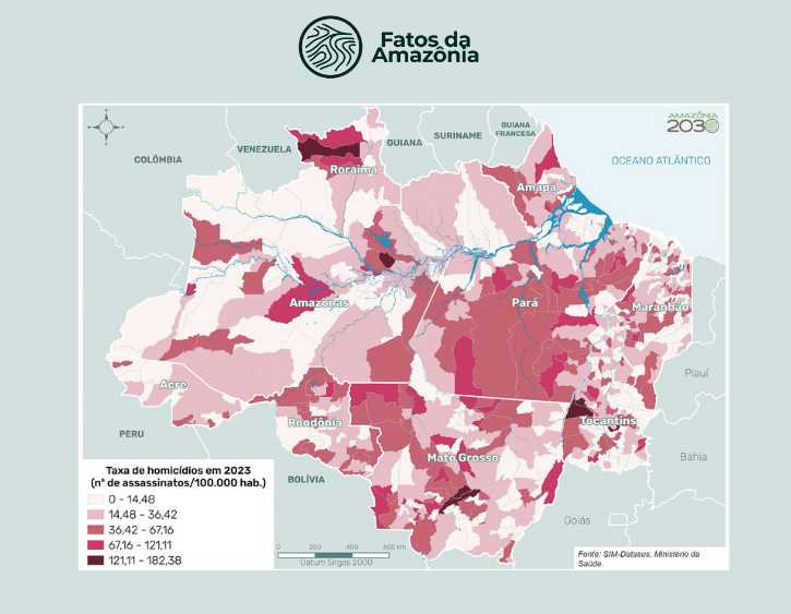 Mapa: Taxas brutas de mortalidade por homicídios nos municípios da Amazônia Legal, 2023. 