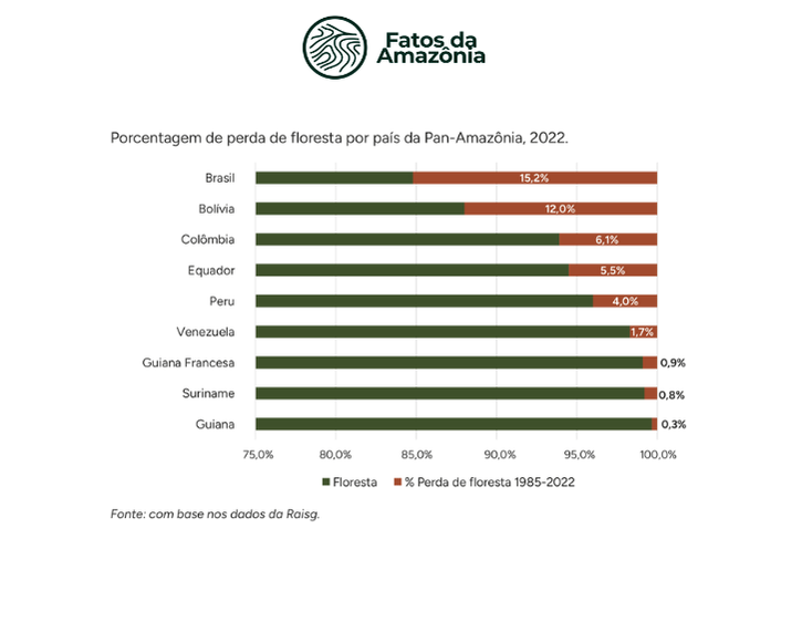 Gráfico: Porcentagem de perda de floresta por país da Pan-Amazônia, 2022.