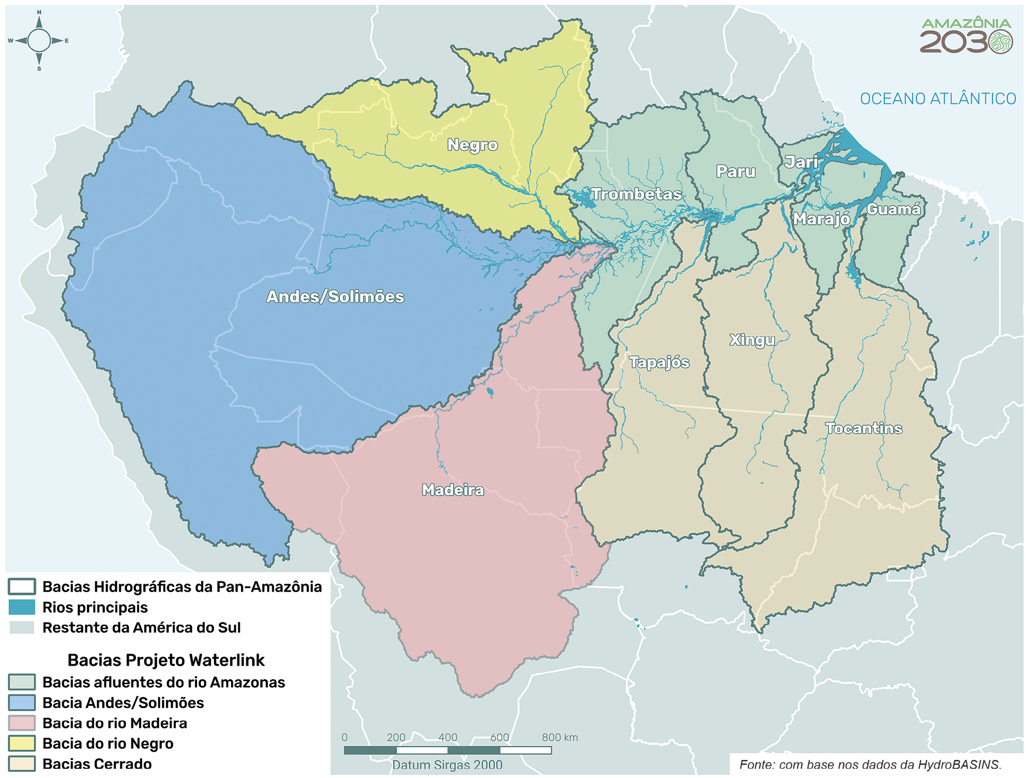 Sub-bacias hidrográficas do rio Amazonas na Pan-Amazônia.