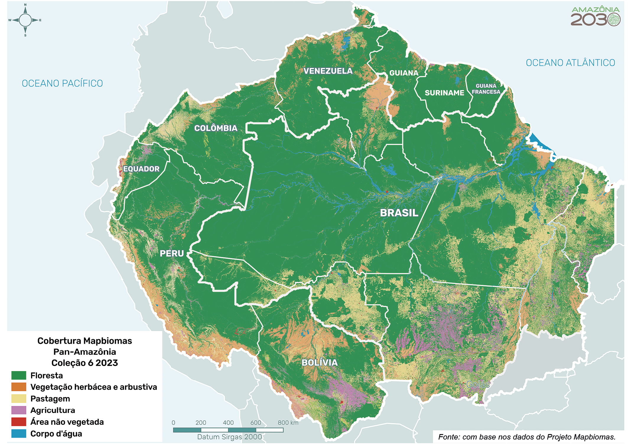 Cobertura e uso do solo classe nível 1 na Pan-Amazônia, 2023.