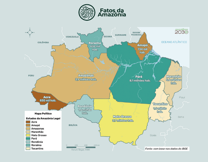 Mapa: Os estados da Amazônia Legal e a população de acordo com o Censo Demográfico 2022.