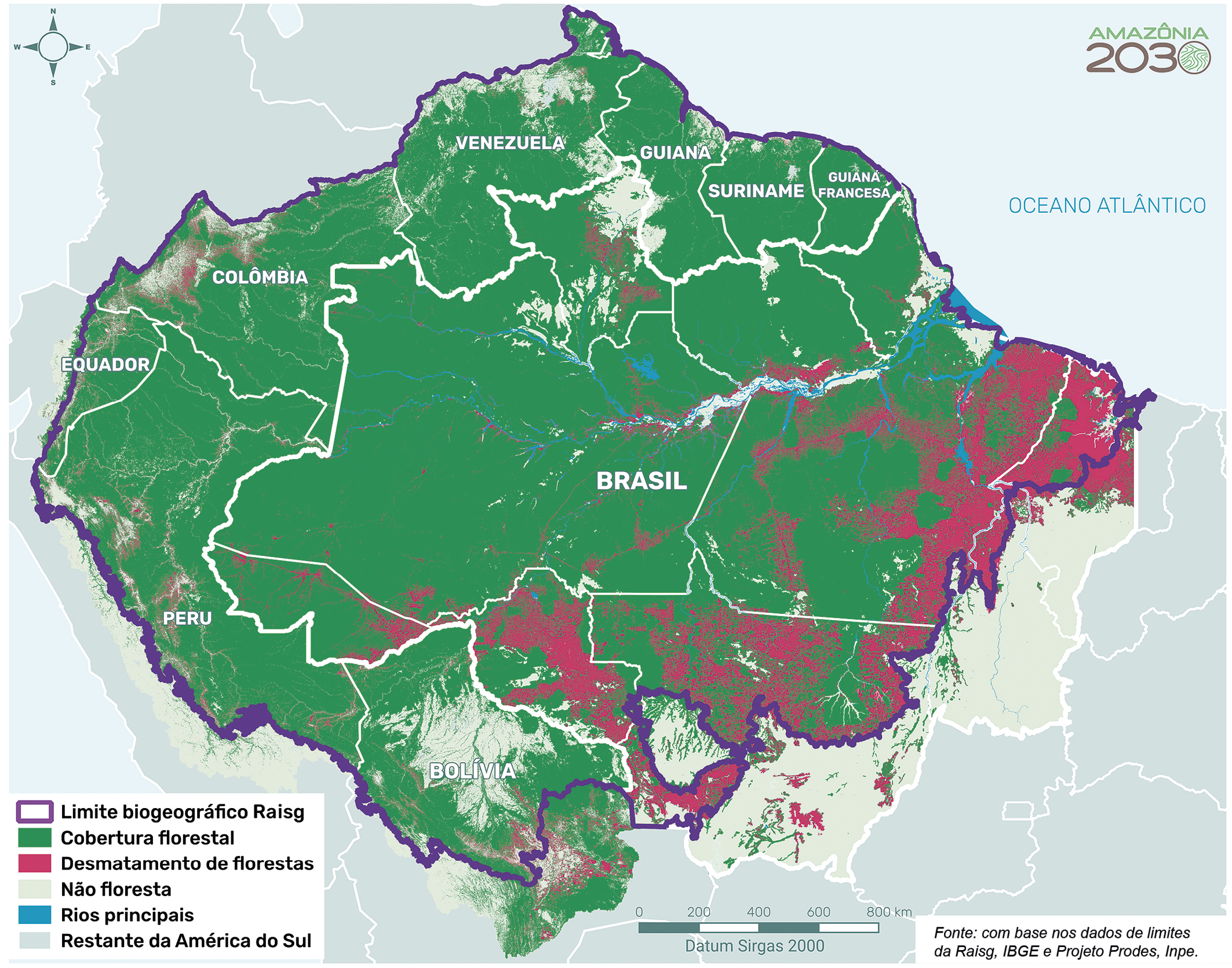 Cobertura vegetal e desmatamento no bioma Amazônia da Pan-Amazônia.