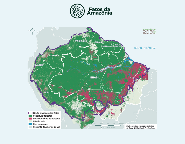 Mapa: Cobertura Vegetal e Desmatamento no Bioma Amazônia da Pan-Amazônia.
