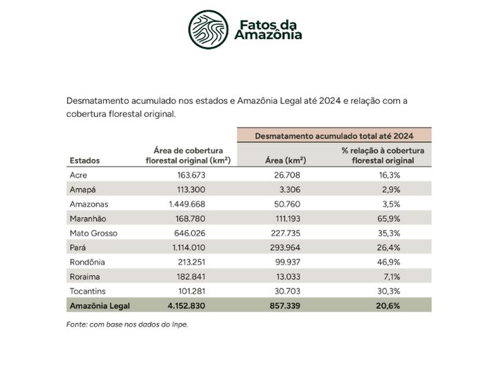 Tabela: Desmatamento acumulado na Amazônia Legal até 2024 e relação com a cobertura florestal original.