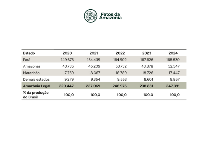 Tabela: Produção de açaí nativo (em t) na Amazônia Legal, 2020-2024.